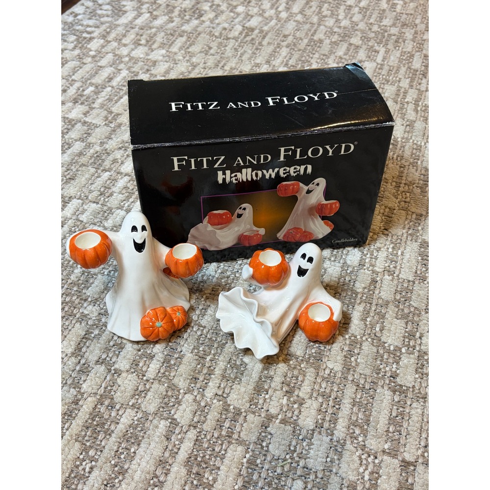 Fitz and Floyd Halloween Ghost Pumpkin Candle Holders Set of 2 Ceramic Vintage